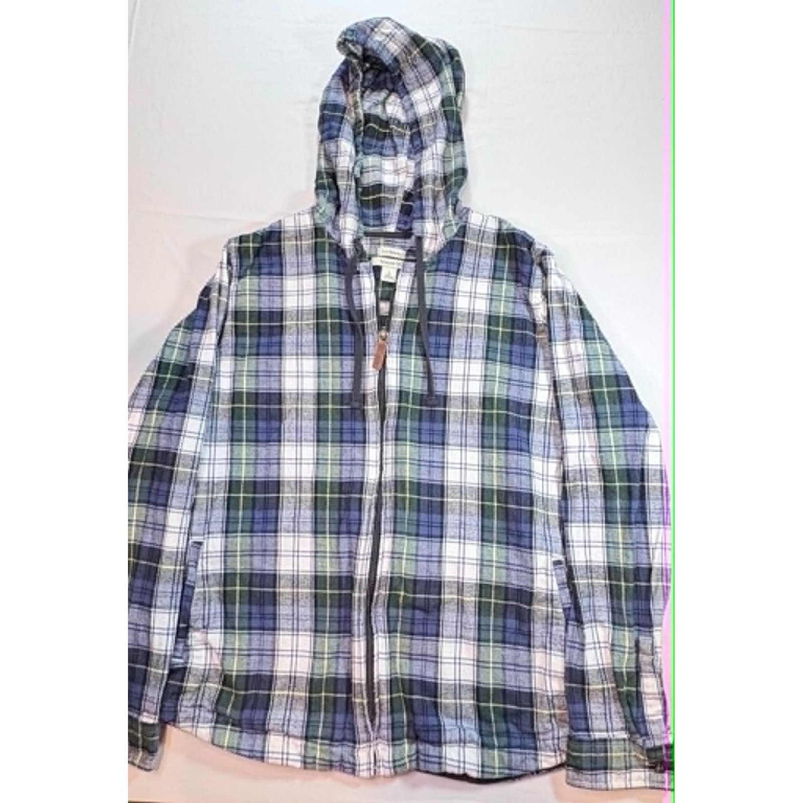Ll Bean Mens Large Plaid Zip Up Flannel Hoodie Jacket Green Blue 1912 Field